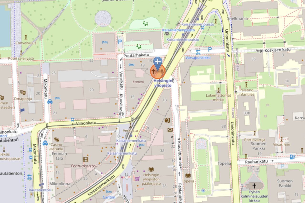 Kartta Helsingin keskustasta. Vastaanotto on merkitty Kaisaniemenkatu 10:n kohdalle, Vuorikadun kulmaan Helsingin yliopiston metroaseman viereen.